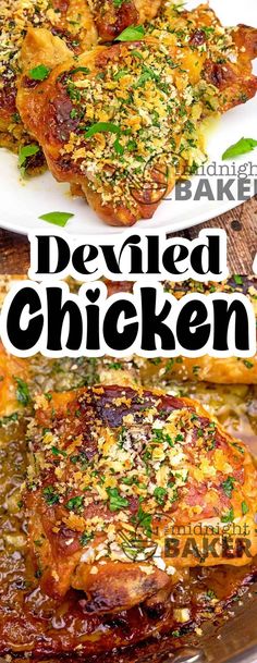 baked chicken with parmesan cheese and herbs on top