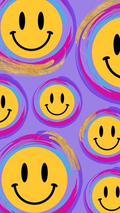 six smiley faces with different colors and shapes in the middle, on a purple background