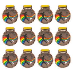 six medals with the image of a man on a horse and rainbows in the background