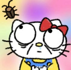 a drawing of a cat with a bow on it's head looking at a bug