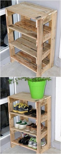 two wooden shelves with shoes on them and a potted plant in the bottom shelf