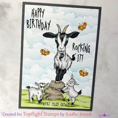 a birthday card with a goat and three goats