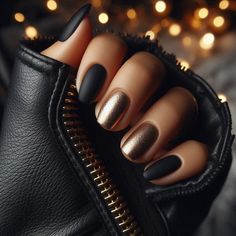 Black Tip Matte Nails, Black Glitter And Matte Nails, Dark Nails With Gold Foil, Nail Inspirations Black, Gloss Matte Nails, Mat Black And Gold Nails, Winter Acrylic Nail Colors, New Years Matte Nails, Matte Black Rose Gold Nails