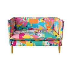 an upholstered couch with colorful patterns on it