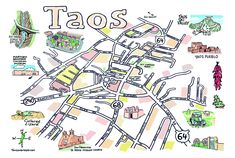 a map with the words taos written in large and small letters on top of it