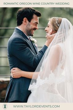 a bride and groom smiling at each other in front of a fence with text overlay that reads romantic oregon wine country wedding