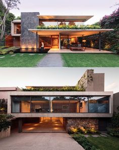 two pictures of the inside and outside of a house