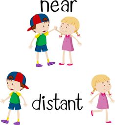 four children standing in different positions with the words near and distant