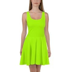 Dress to impress with this sleeveless skater dress! The soft fabric and flared skirt give it an elegant twist that brings out the intricate design with a beautiful vibrancy. * 82% polyester, 18% spandex * Fabric weight: 6.78 oz/yd² (230 g/m weight may vary by 5% * Smooth and elastic fabric * Mid-thigh length flared skirt * Elastic waistline * Overlock seams, coverstitch hemline Green Skater Dress, Neon Green Dresses, Pink Skater Dress, Lime Green Dress, Simple Summer Style, Neon Dresses, Green Fits, Trapeze Dress, Elastic Fabric