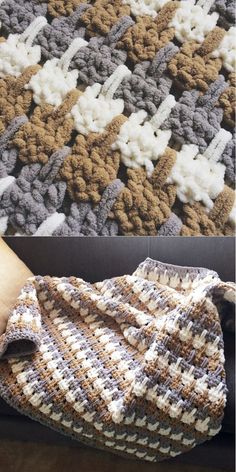 there are two pictures one has a crocheted blanket and the other has a knitted afghan