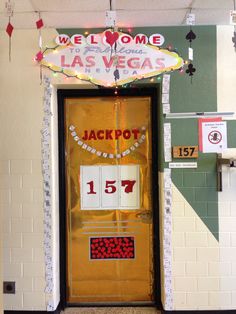 the front door to jackpot's las vegas hotel is decorated with tape and lights