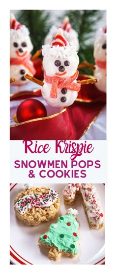 rice krispie snowmen pops and cookies on a plate