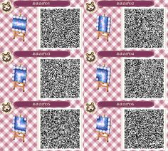 a pink and white checkered table cloth with qr - code designs on it