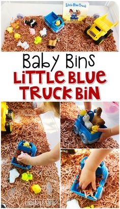 a collage of photos showing how to play with little blue truck bins