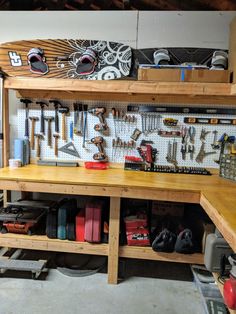 a workbench with many tools on it