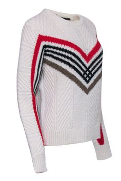 Be ready for a cozy day on the slopes in this chic knit from Maje. Perfect for sipping hot coco and embracing those winter vibes! And, if you leave out the snowy details, it's also just great for everyday style! Size 4 (Maje 4) Made in Italy 51% Acrylic, 49% Wool Unlined Pullover Crew neckline Long sleeves Bust 42" Waist 40 Shoulder to hem 24.5" Sleeve length 28" Chic Winter White Sweater For Winter, Chic Winter White Sweater For Cold Weather, Cozy White Sweater For Cold Weather, Chic White Sweater For Winter, Chic White Winter Sweater, White Knitted Tops For Cold Weather, Chic Red Winter Sweater, White Cozy Fit Tops For Cold Weather, White Tops For Cold Weather