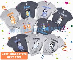 the family shirts are all printed with cartoon characters and numbers for each child's birthday