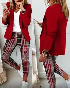 Lasaky - Single Button Blazer and Shawl Collar Plaid Trousers Set Ensemble Blazer, Printed Pants Style, Two Piece Pants Set, Blazer Set, Workwear Fashion, Casual Work Outfits, Casual Suit, Turndown Collar, 영감을 주는 캐릭터