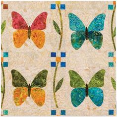 four butterflies on a white background with blue and yellow squares in the bottom right corner