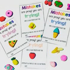 four printable cards with pictures of food and words that say misteres are prop you are trying