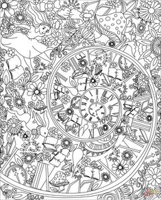 an intricate coloring page with flowers and animals in the center, surrounded by other things