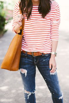 Red Breton Stripes Outfit, Red And White Striped Shirt Outfit, Red Striped Shirt Outfit, Cuyana Tote, Red White Striped Shirt, Crystalin Marie, Colour Stripes, Everyday Uniform, Comfort Clothes