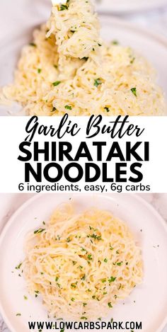 garlic butter shirata noodles on a white plate with the title text overlay