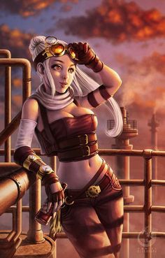 a painting of a woman in steampunk clothing and goggles standing on a pipe