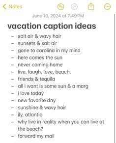 an iphone screen with the words vacation caption ideas written in white and yellow on it