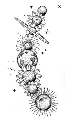 an ink drawing of the sun and planets on top of each other, with stars in the background