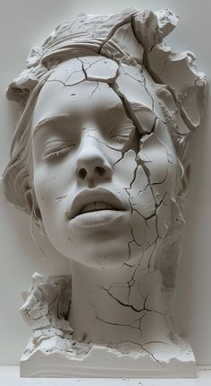 a white sculpture with cracked paint on it's face