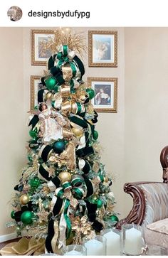 a christmas tree decorated with green and gold ornaments