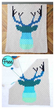 a crocheted blanket with an image of a cartoon character on it and the text free