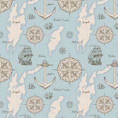 a blue and beige wallpaper with ships, anchors and compasses on the map