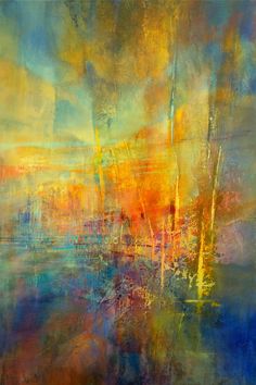 an abstract painting with blue, yellow and orange colors