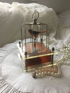 a bird in a cage sitting on top of a table next to pearls and beads