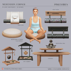 a woman sitting on top of a wooden bench next to various items that include yoga mats