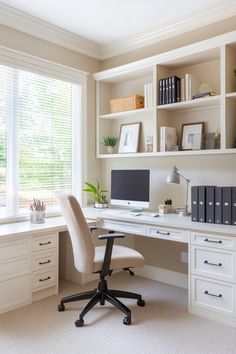 a white desk and chair in a room with bookshelves on the wall behind it