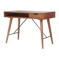 a wooden desk with two drawers on one side and an open drawer on the other