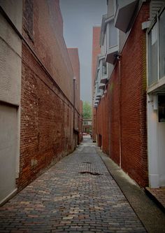 an alley way with brick buildings and cobblestone pavement in the foreground, on a cloudy day