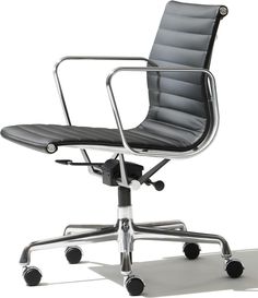 an office chair with wheels on the back and seat upholstered in black leather