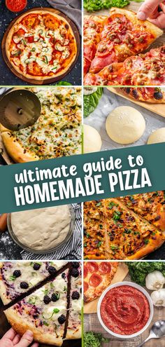 A collage of images of pizza, pizza dough, and pizza sauce. Best Homemade Pizza Toppings, Best Pizza Toppings Combinations, Homage Pizza, Homemade Pizza Toppings, Homemade Pizza Ideas, Different Types Of Pizza, Creamy Baked Mac And Cheese Recipe, Pizza Base Recipe, Pizza Topping Ideas