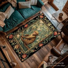 a rug with a monkey on it in the middle of a living room next to a couch