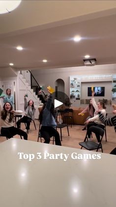 a group of people in a room with the words top 3 party games on it