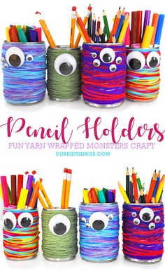 Yarn Wrapped Monster Pencil Holders Used Pencil Crafts, Cute School Crafts, Back To School Diy Ideas, Homemade Pencil Holders, Yarn Monsters Craft, Tin Can Pencil Holder Diy, Pencil Craft Ideas, Can Pencil Holder Diy, Back To School Diy Crafts