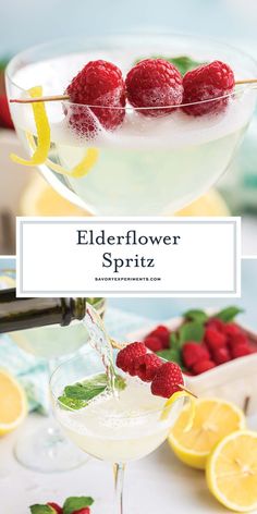 the elderflower spritz is served in a coupe glass with lemons and raspberries