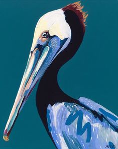 a painting of a pelican with a long beak and large bill, on a blue background