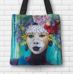 Suri Tribe Girl No 3: A lovely large bespoke tote bag featuring the art of Kirsten Todd.  Stand out from the crowd with these one of a kind totes! Made to order Made from heavy duty quality cotton fabric, fully lined, black handles. Machine washable at 30˚ 65 x 65cm. Artistic Canvas Gift Bag For Shopping, Artwork Tote Bag For Artistic Expression, Artistic Canvas Tote Bag, Artistic Hand Painted Tote Shoulder Bag, Artsy Rectangular Canvas Bag, Artistic Canvas Tote Gift Bag, Artistic Bags With Artwork For Gifts, Artistic Handmade Shoulder Bag For Shopping, Suri Tribe