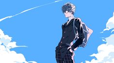 an anime character standing in front of some clouds