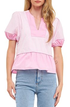 This crisp poplin top is designed with puff sleeves and a flouncy peplum. Striped and solid contrasts lend eye-catching appeal. Split neck Short sleeves Lined 100% cotton Hand wash, dry flat Imported English Factory, Poplin Top, Striped Fabric, Stripe Top, School Fits, Peplum Hem, Puffy Sleeves, Puff Sleeve Top, Trendy Plus Size